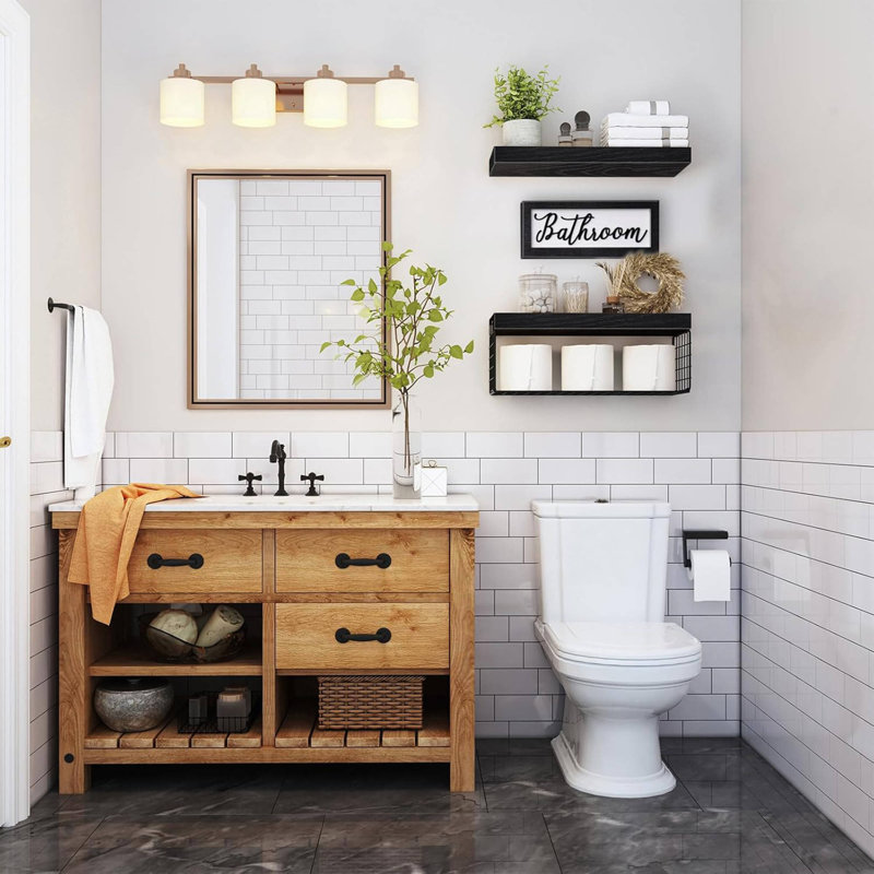 Bathroom Shelves Over Toilet 2+1 Set, 16 Inch Wall Mounted Paper Storage Shelf, Farmhouse Decor Floating Shelves With Decor Sign, Aesthetic Wall Organizer, Black