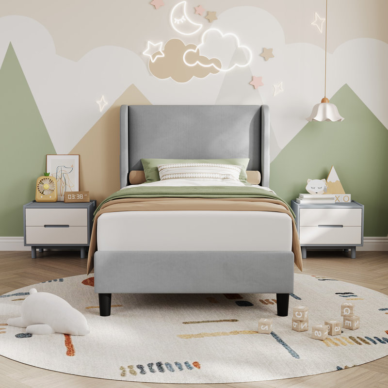 Twin Bed Frame with Adjustable Headboard, Velvet Upholstered Platform Bed, Beige, Twin