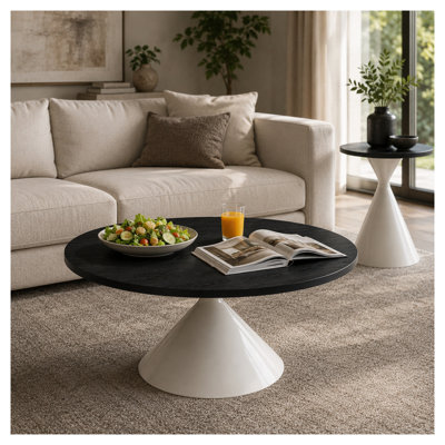 Ensemble de 2 tables basses rondes avec dessus en noyer et bases en forme de sablier blanc