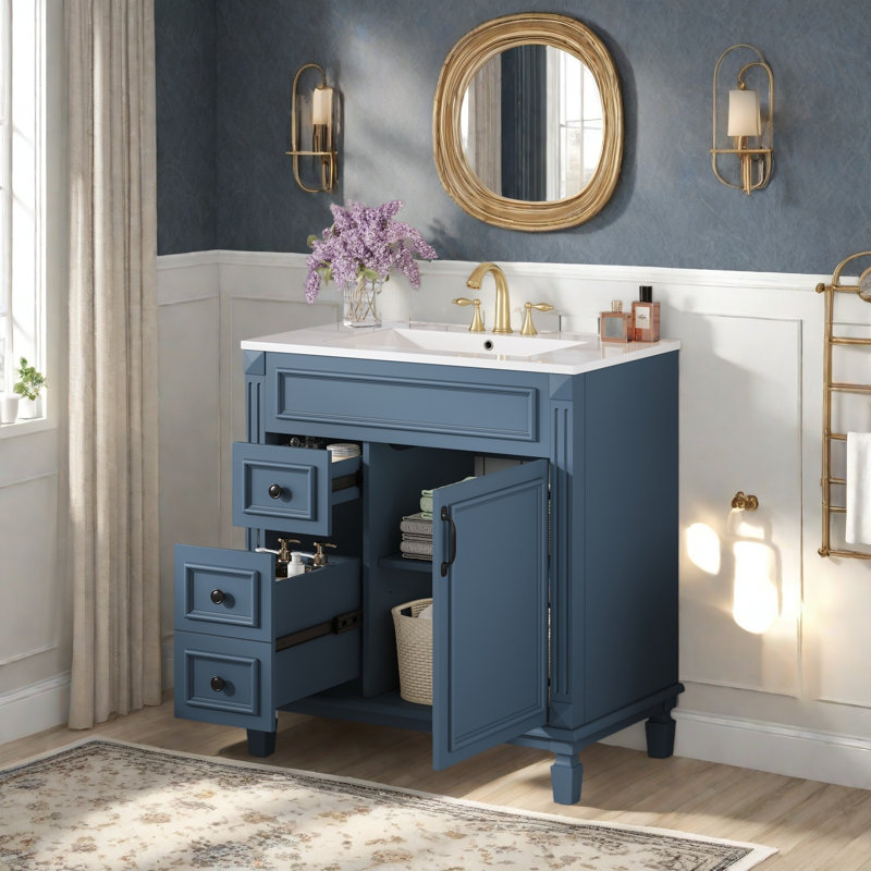 Meuble-lavabo 30 po avec lavabo en céramique, petite armoire de salle de bain, armoire moderne avec 2 tiroirs, Bleu