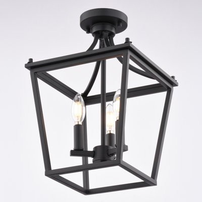 Plafonnier semi-encastré de style lanterne traditionnelle noir mat 3 lumières Cottage Grove de 11 po de large, convertible en luminaire suspendu avec chaîne incluse
