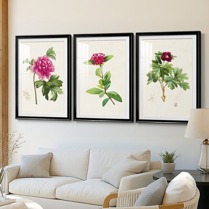 PrettyPinkBotanicalsI - Impression sur mesure encadrée de qualité supérieure - 3 pièces, H 19 po x l 27 po
