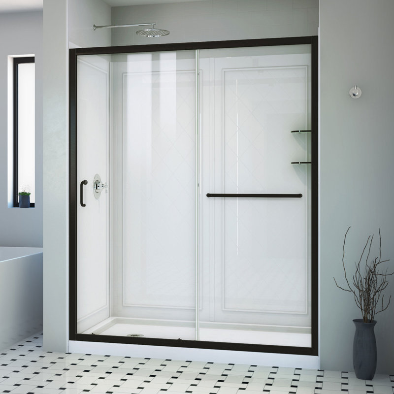 Infinity-Z 60" W x 36" D x 76.75" H Semi-Frameless Rectangle Shower Enclosure with Towel Bar, Clear Glass, Matte Black, Left
