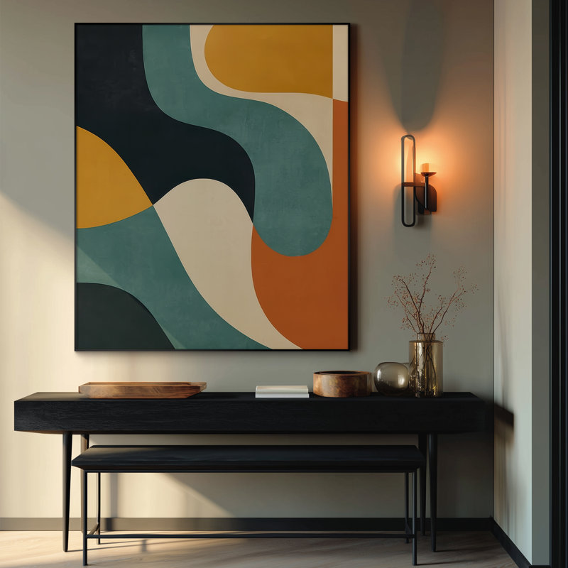Très grande reproduction d'art sur tissu - formes modernes incurvées de style Mid-Century en moutarde sarcelle et décor d'œuvres d'art noir pour le salon ou la chambre à coucher - «Assemblage requis du cadre (cadre non fini)»