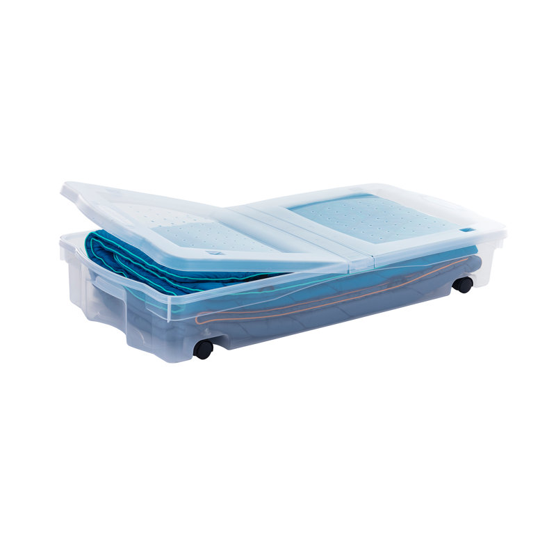 Boîte de rangement à roulettes sous le lit, paquet de 2,  contenants en plastique avec couvercles à double charnière et roues robustes, organisation visible pour les espaces restreints