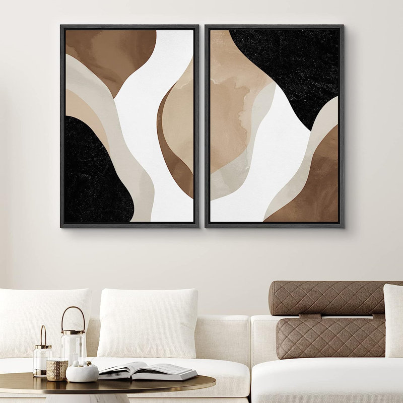 «Watercolor Tan Brown Waves Organic Modern Abstract Art», reproduction d'art encadrée sur toile, H 36 po x l 48 po, Noir