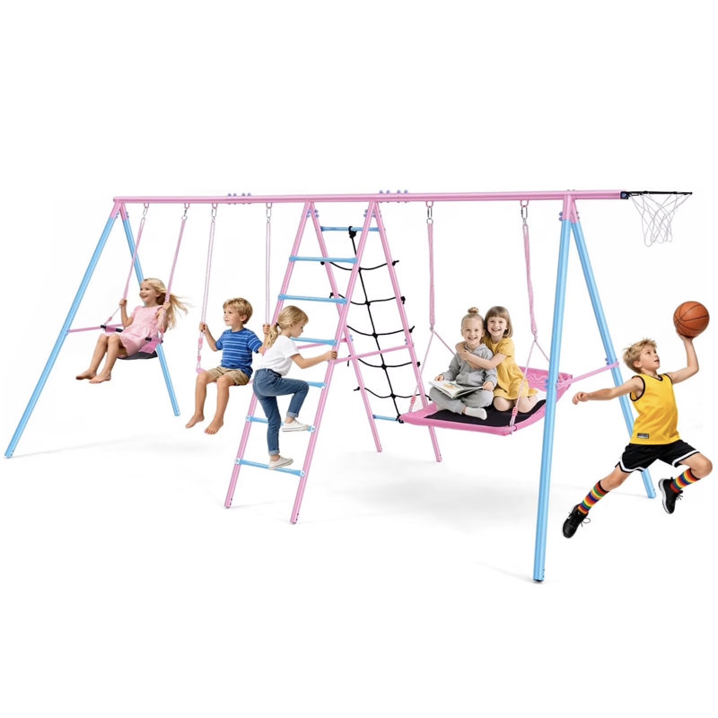 Ensemble de balançoires robustes 6 en 1, balançoire d'extérieur avec 3 sièges de balançoire, filet d'escalade, échelle et panier de basketball pour la cour arrière