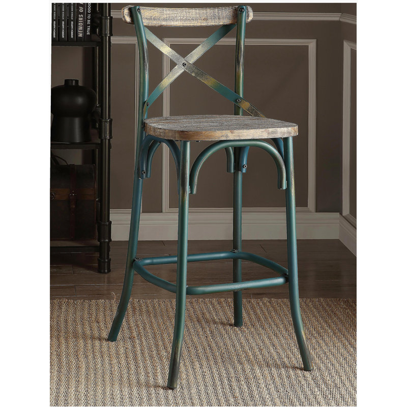 Tabouret de bar rétro bleu ciel et chêne rétro, avec dossier croisé, Siège turquoise / cadre turquoise / bleu