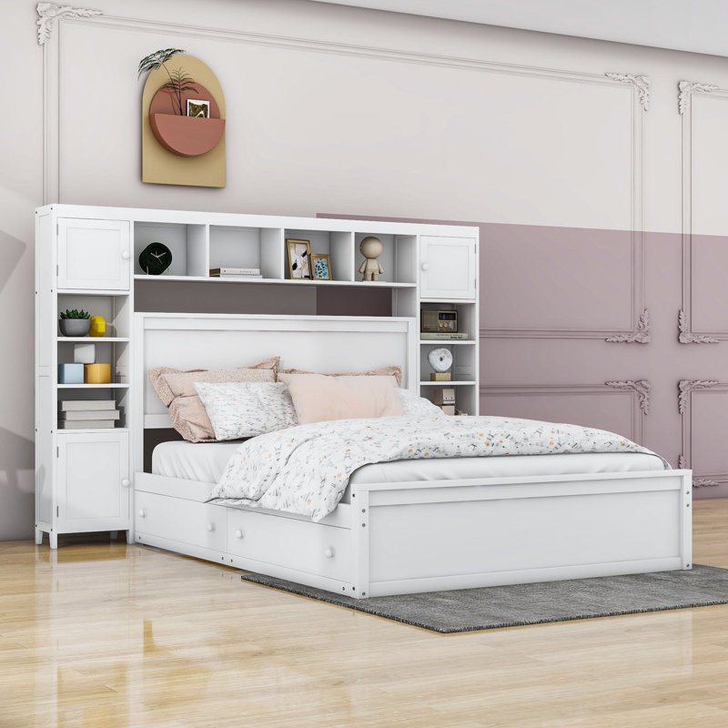 Vytis Queen Size Wooden Platform Bed With 4 Drawers and Headboard, White