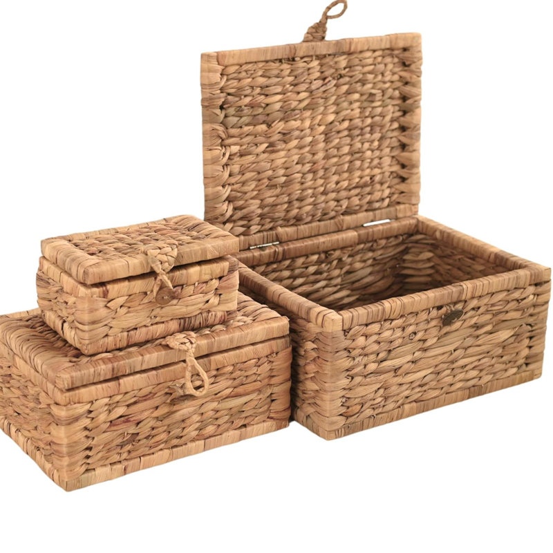 Set Of  Handwoven Storage Boxes With Lid Wicker Rectangular Basket For Seagrass Decorative Boxes For Home Décor Stacking Baskets With Lids For