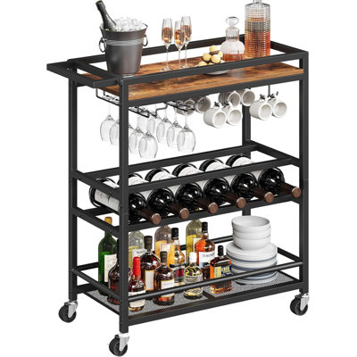 3-Tier Rustic Brown And Black Bar Cart For Home, Rolling Wine Cart With Wine Rack & Glass Holders, Serving Beverage Cart For Living Dining Room