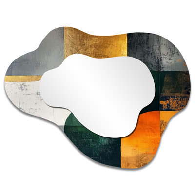 Geometric Gold Green And Grey Pure Form I - Geometric Irregular Asymmetrical Mirror, Modern Wall Mirror, Printed on Metal