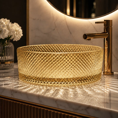 Glacier Champagne 14" Round Glass Vessel Bathroom Sink with Diamond Texture