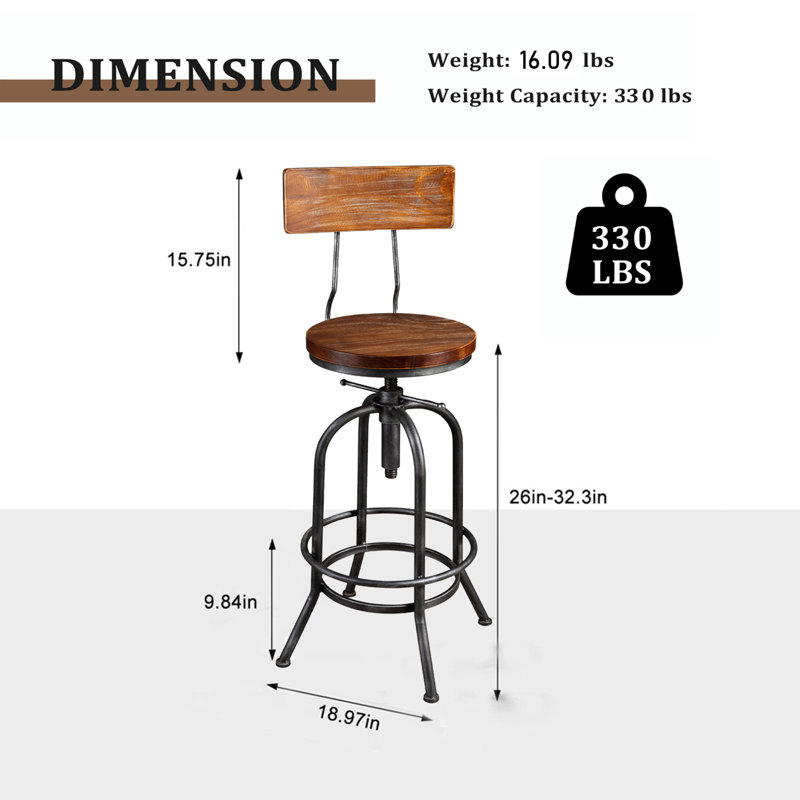 Industrial Bar Stool-Adjustable Swivel Round Wood Metal Kitchen Stool-26-32 Inch-Rustic Farmhouse-Counter Height Extra Tall Bar Height Stool-Arc-Shaped Backrest,Welded