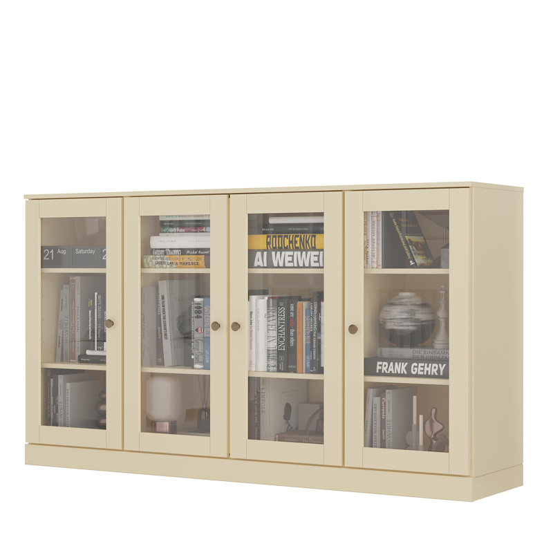 Meuble télé 100% bois massif avec portes en verre transparent et tablettes réglables pour téléviseur de 65 po ou moins, Jaune