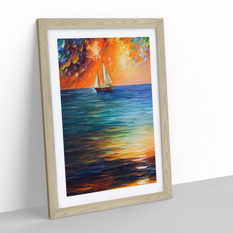 Boat At Sunset No.1 - Painting, 66cm H x 48cm W x 2cm D, Oak Framed, White