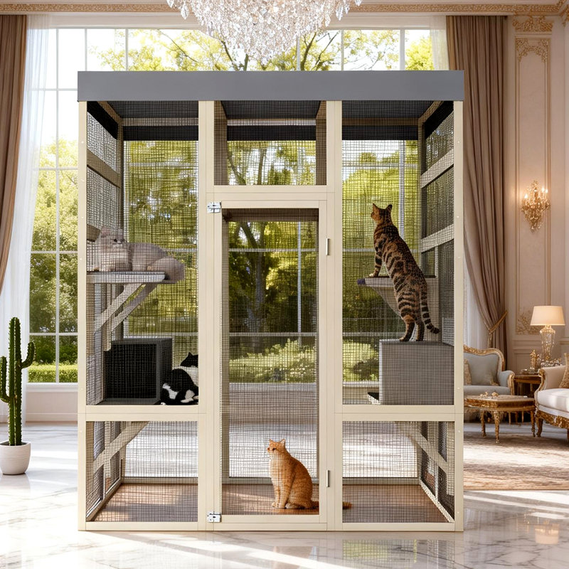 Grande clôture pour chat d'extérieur en bois Catio, cage pour chat avec housse imperméable, plateformes de saut et 2 boîtes de repos, abri pour chat extérieur résistant aux intempéries pour plusieurs chats