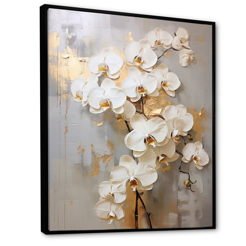 Minimalisme beige et orchidées dorées IV - impression sur toile encadrée orchidée, Cadre flottant noir, 32" H x 24" W
