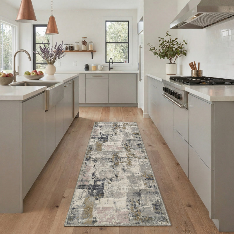Mignone Novara Abstract Machine Washable Beige / Black / Grey Indoor Area Rug with Non-Slip Backing, Runner 2'3" x 6'