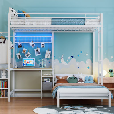 Lit superposé avec échelle et garde-corps haut, capable de se diviser, lit superposé en métal, espace de rangement, silencieux, taille simple sur simple, blanc