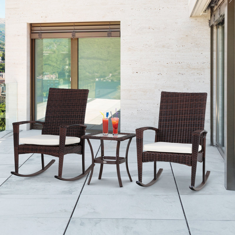 Ensemble de 3 chaises berçantes en osier avec table basse, Brun