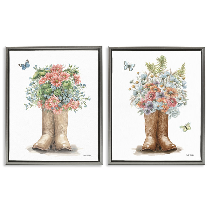 Ensemble de 2 toiles flottantes Wildflower, H 21 po x l 17 po, Cadre flottant gris lustré