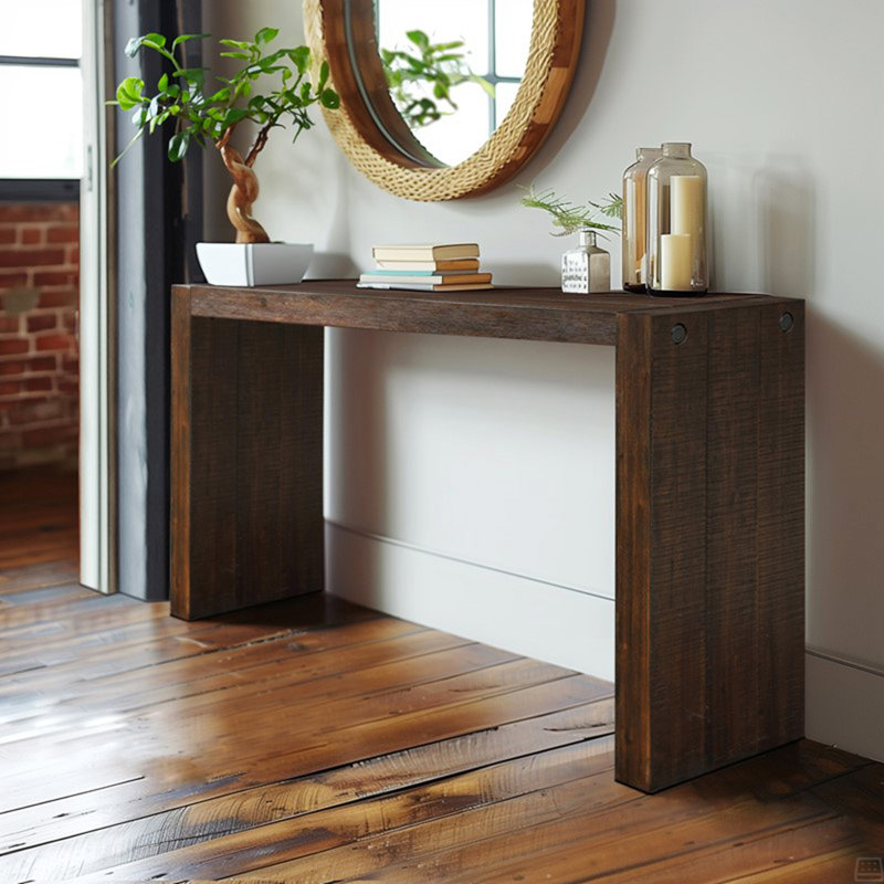 Console moderne en bois massif Jearline avec texture brossée | Mince profondeur, utilisation multifonctionnelle, Brun