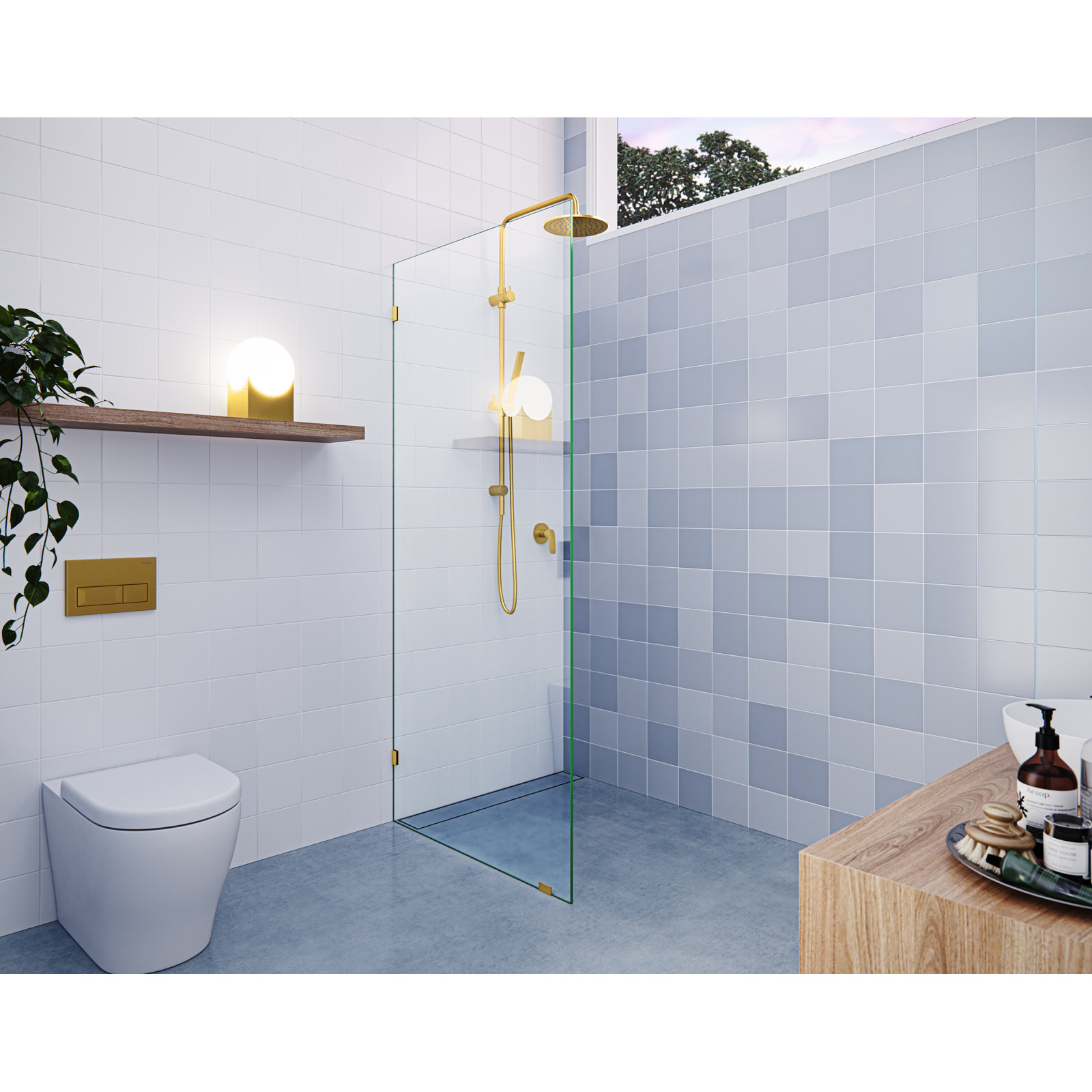 Vela 33" Frameless Fixed Shower Panel, Satin Brass