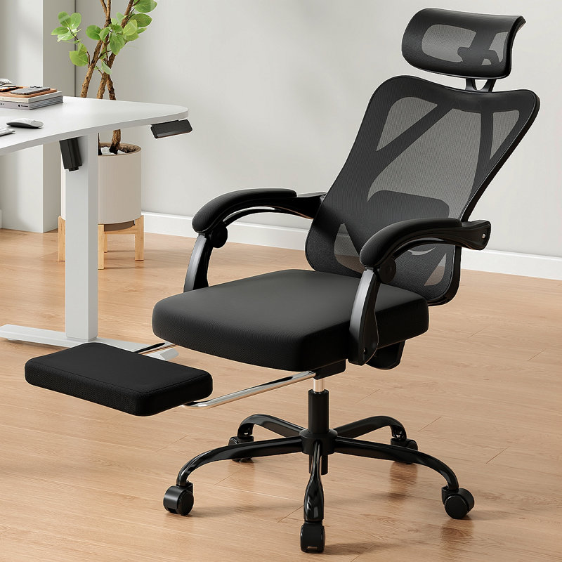 Ergonomic Office Chair With Footrest, Mesh Office Desk Chair With Headrest, High Back Computer Chair With Adjustable Lumbar Support For Home Office Study Room Bedroom, Black