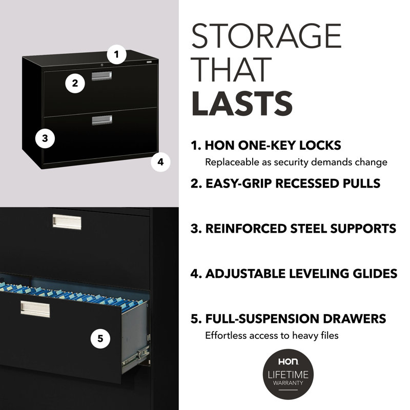 HON Brigade 600 Series Lateral File, 2 Drawers, Aluminum Pull, 36"W, Black, Black