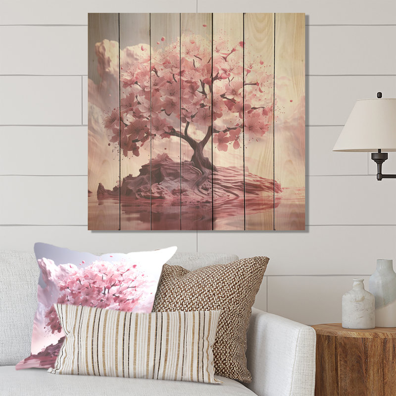 Fleurs de cerisier roses réfléchissantes - Fleur de cerisier sur bois, H 15 po x l 15 po
