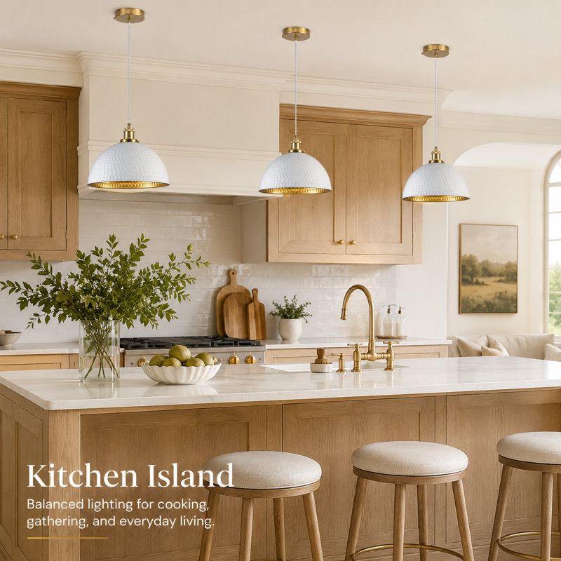 11.8 Inch set of 3 White and Gold Dome Pendant Lights For Kitchen Island , 67.8" H x 11.8" W x 11.8" D, White, 3 Pack