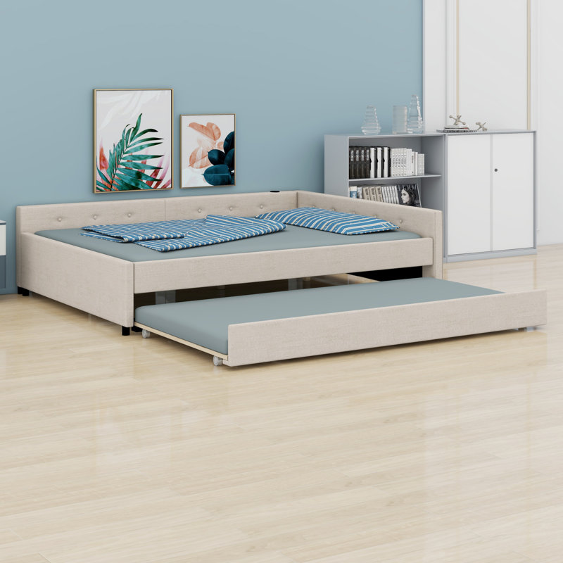 Upholstered Platform Bed With USB And Trundle, Queen