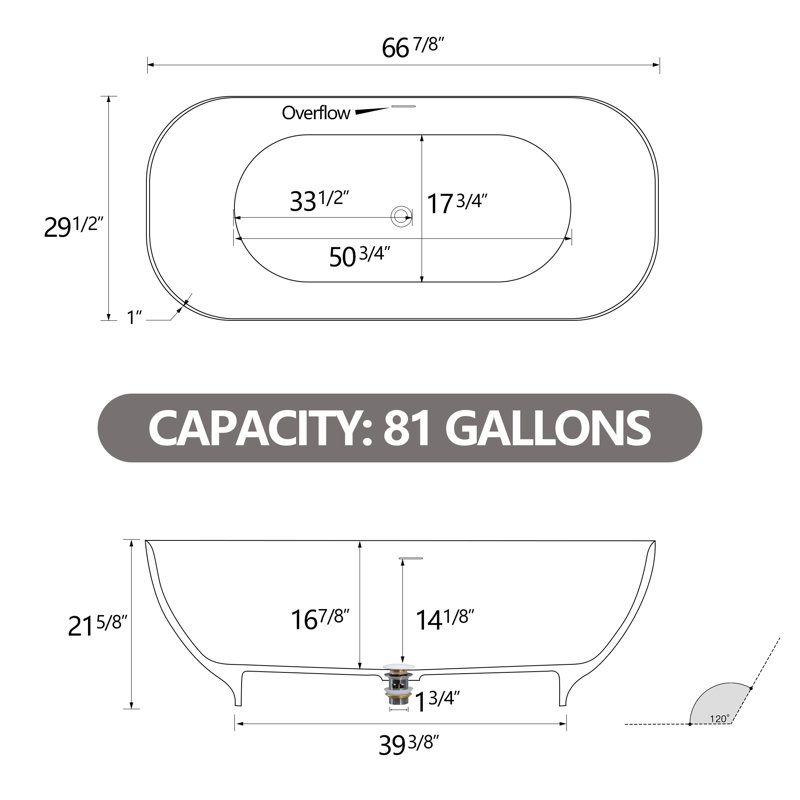 Baignoire de trempage autoportante 67 po x 29,5 po à surface solide blanc mat avec trop-plein et bonde escamotable