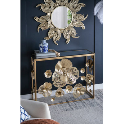 Console 39,5 "x 12" x 30,5 "dorée avec plateau en verre miroir, table d'entrée moderne pour vestibule de vestibule de salon
