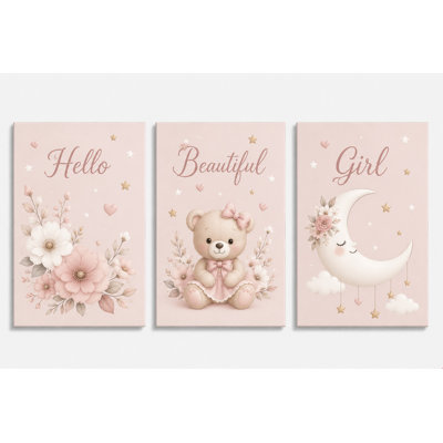 Large Set of 3 Pink Teddy Bear Moon Nursery Wall Art Baby Girl Room Decor Floral Bear Canvas Prints Kids Bedroom 16x24 Inch Canvas Print - Ready to hang
