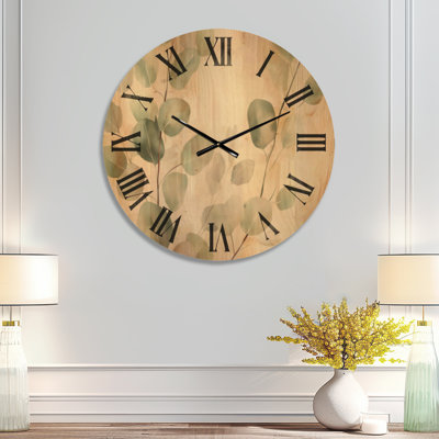 Extra Large Botanical Wood Wall Clock – Blush Eucalyptus Glow