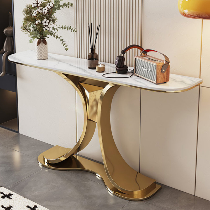 Console légère et luxueuse, Blanc; gris clair, H 31,5 po x l 59 po x P 11,8 po, Doré