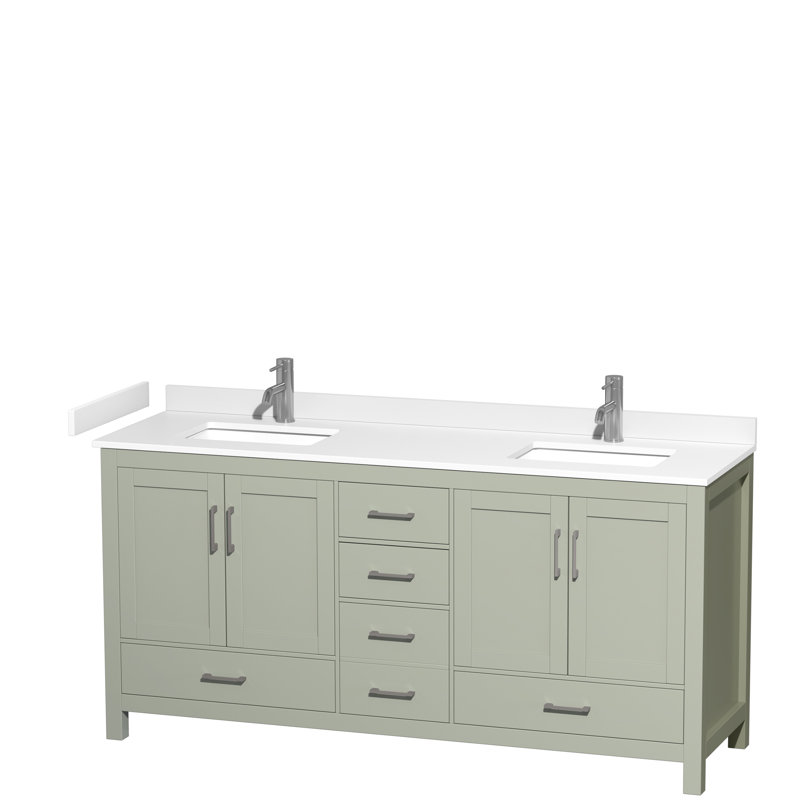 Sheffield 72" Double Bathroom Vanity Set, White Cultured Marble, Light Green