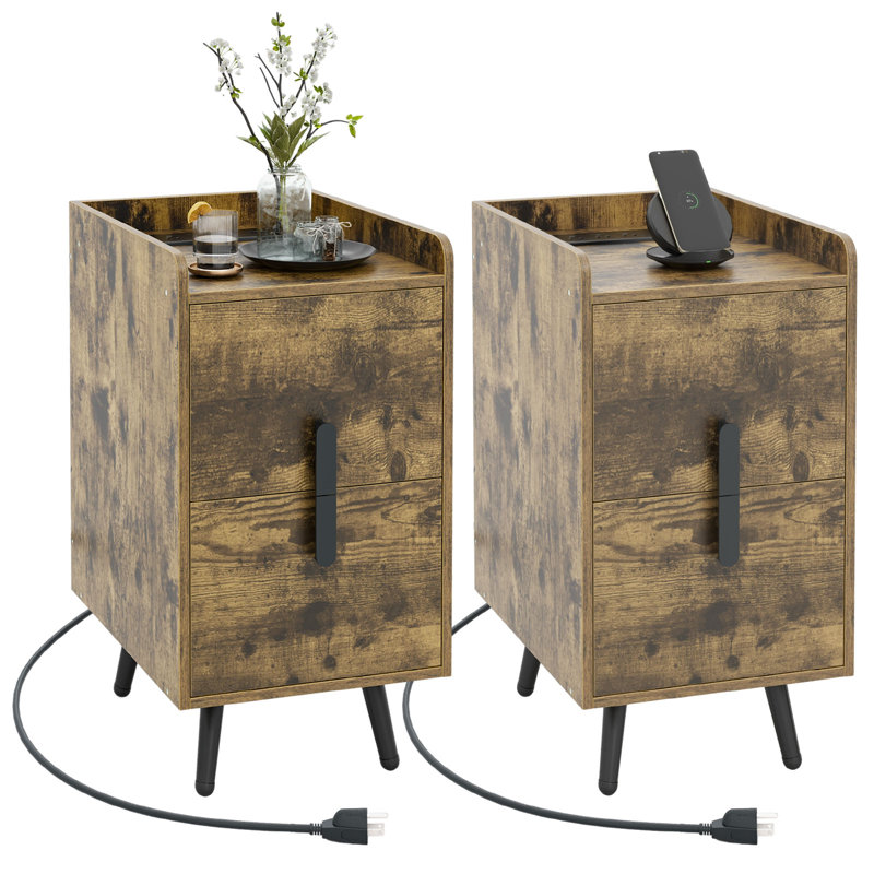 Ensemble de 2 tables de chevet avec tables de chevet avec station de charge et 2 tiroirs, Brun / Noir