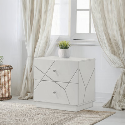 Ultra Modern White Finish Stylish Nightstand  with 2x Drawers Embossed Lines Design Contemporary Bedroom Furniture 1pc Bedside Cabinet