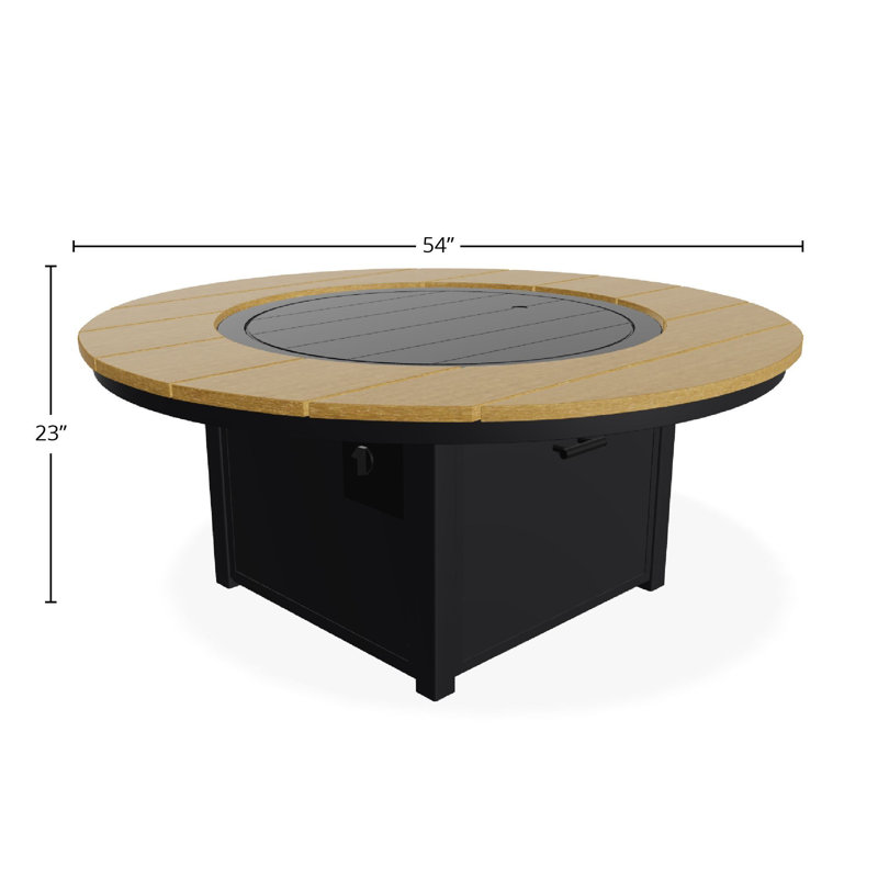 Table de feu 54 po ronde en polymère rustique avec tablette au propane, Noir / teck