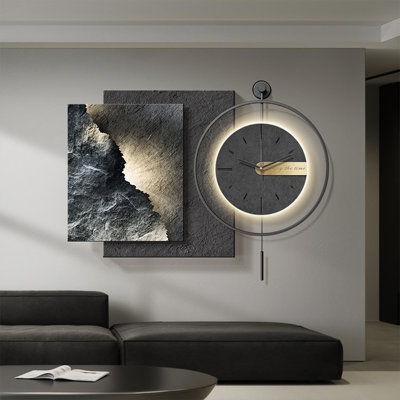 Black With Gold Abstract Square Art with Round LED Pendulum Wall Clock