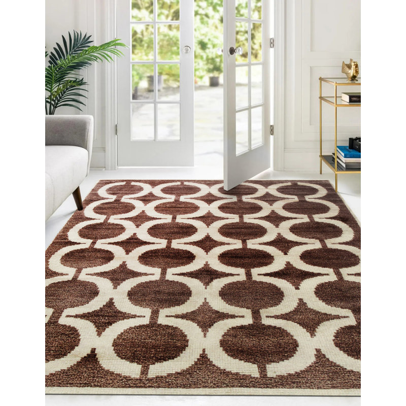 Tapis en laine et soie à motif géométrique en laine nouée à la main brun opulent Kira