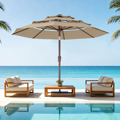 9ft 3-tier Patio Umbrella With Push Button Tilt & Crank Lift, Outdoor Market Umbrella For Garden Deck Backyard