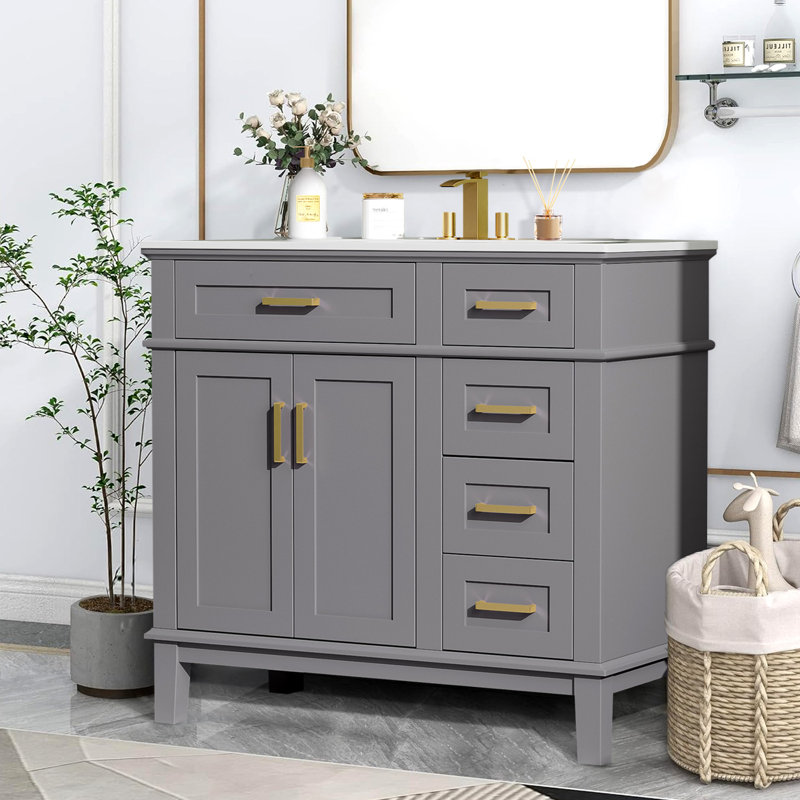 Bathroom Vanity With Ceramic Sink,soft Close Doors,4 Drawers For Storage, Grey
