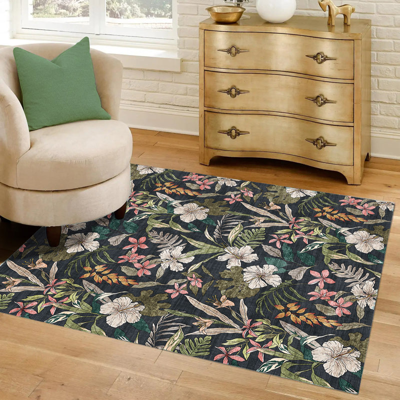 Tapis d'intérieur floral noir audacieux lavable à la machine Rayna Thea, Rectangle 3 pi 4 po x 4 pi 7 po