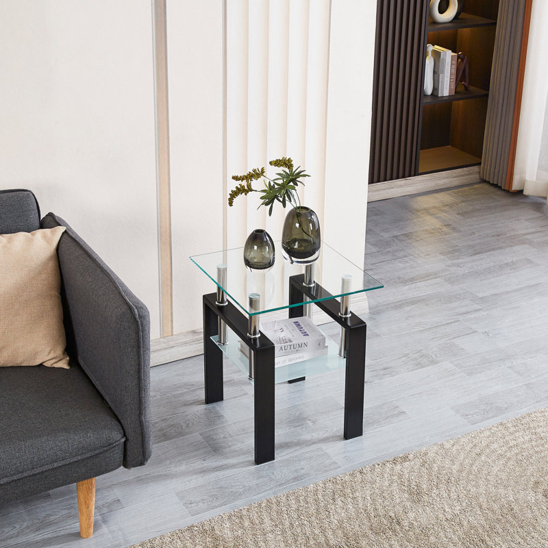 Table d'appoint à 2 plateaux en verre trempé transparent avec rangement - Idéale pour le salon, la chambre ou le bureau dans les petits espaces.