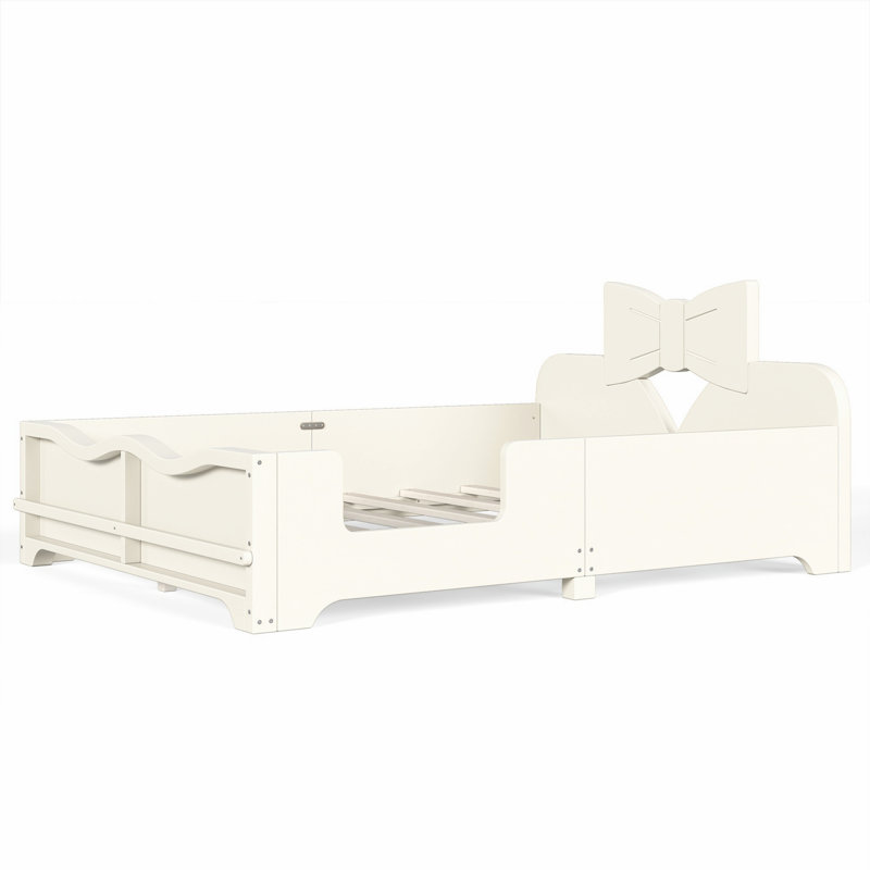 Lit plateforme avec garde-corps, tête de lit en forme de nœud papillon, bibliothèque intégrée, Full, Beige