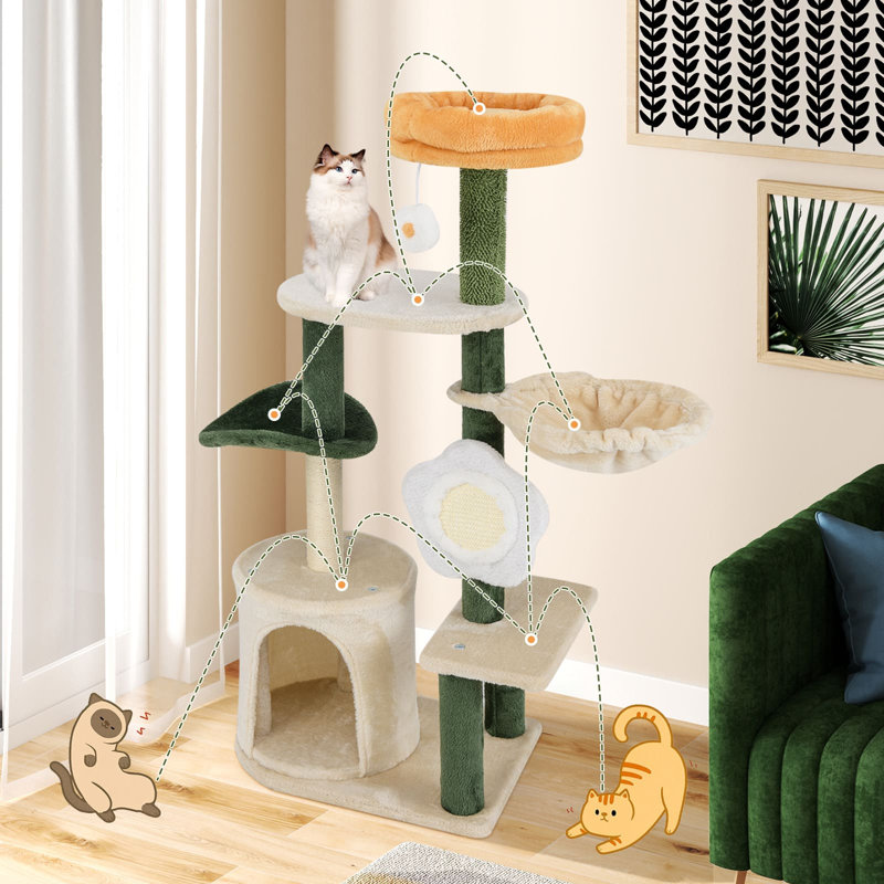 114CM Tall Cat Tree Cute Flower Pet Activity Center Furniture-Green
